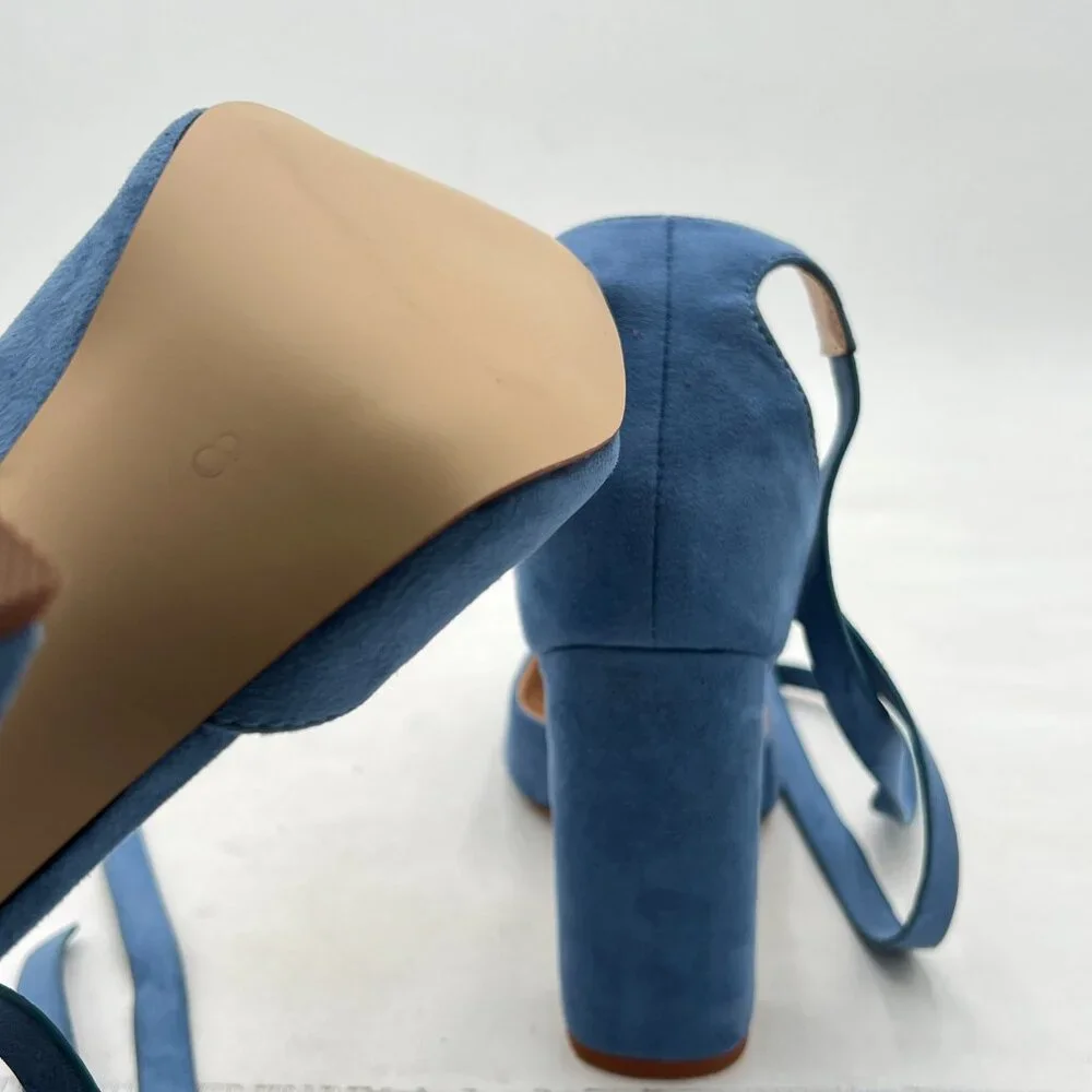 FSJ Steel Blue Faux Suede Chunky Heel D'Orsay Pointed Toe Ankle Strap Pump - Picture 6 of 8